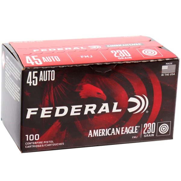 45 ACP – 230 Grain FMJ – Federal American Eagle Ammunition – 100 Rounds (Box) [NO TAX outside Texas]