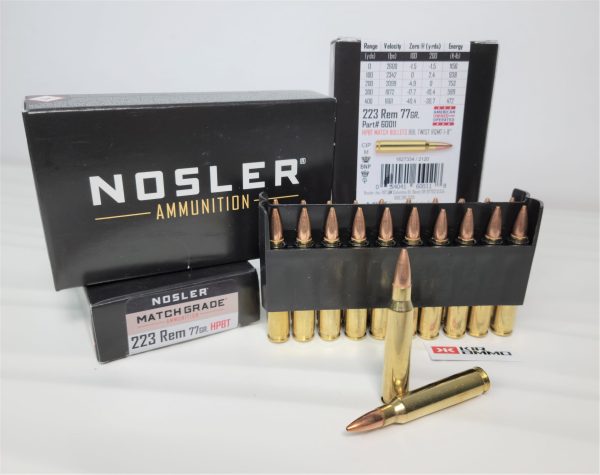 Nosler .223 Rem SAME DAY SHIPPING 77 gr HPBT MATCH GRADE – 20 Rounds (Box) [NO TAX outside Texas]