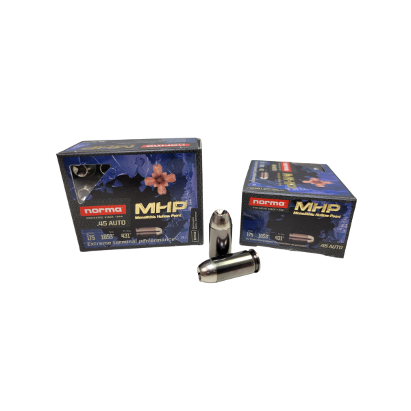 NORMA .45 Auto MHP SAME DAY SHIPPING 175 Grain – 20 Rounds (Box) [NO TAX outside Texas]